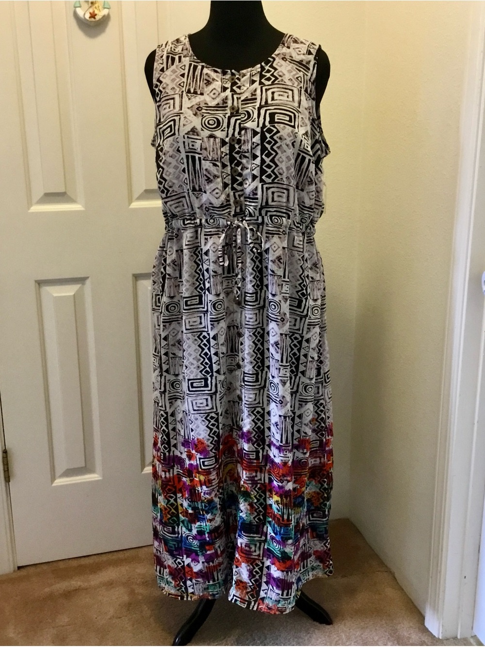 Woman Within Black & White Geometric Maxi Dress with Multicolor Hem